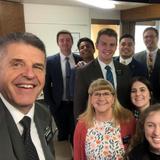 President Brad Markus (left) and Susan Markus (center) with missionaries in Yakama, Washington, USA, are called to the Fiji, Suva Mission. They are in the US awaiting their visas to travel to Fiji.  July, 2020.