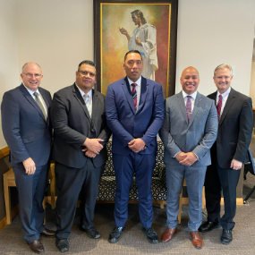 Left to right: Elder Carl R. Maurer; President Sione Tau; President Darryl Taula; President Sulusi Eteru; and Elder K. Brett Nattress. Melbourne, Australia. 13 June 2022. 