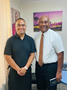 Elder Taniela B. Wakolo and Ramanlal Vallabh, of Radio Nuku’alofa 88.6 FM