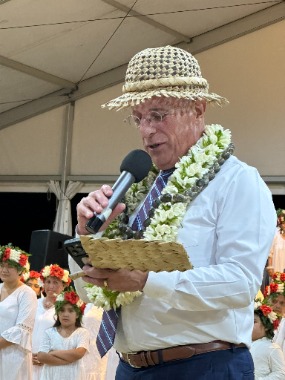 Elder Ulisses Soares speaks to members and friends of the Church on the island of Tubuia, French Polynesia. 24 April 2024.