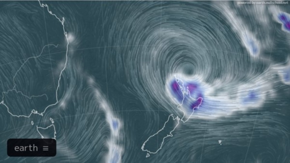 Cyclone Gabrielle 13 February 2023. Image credit: earth.nullschool.net