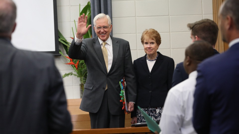 Elder and Sister Christofferson greet members and friends of the Church in Darwin, Australia. 24 May 2023.