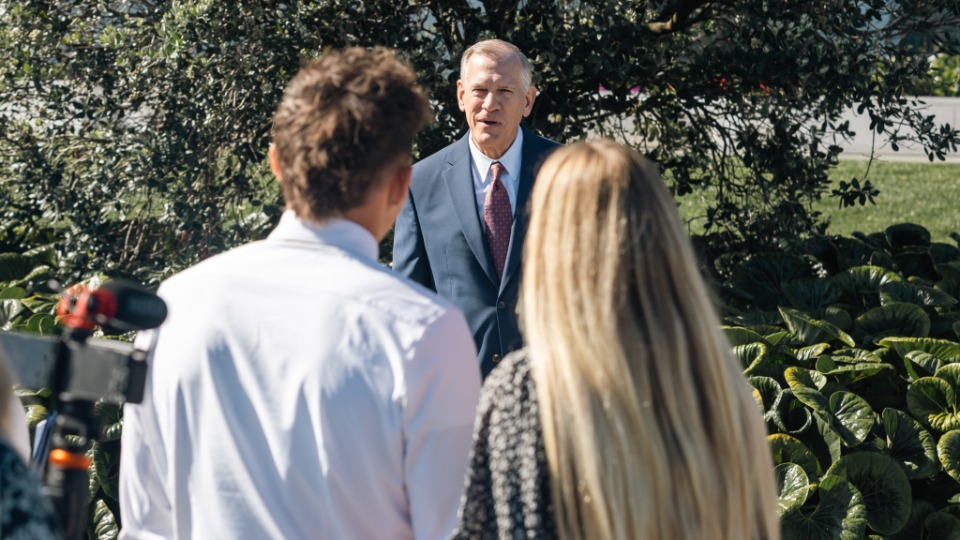 Elder Steven R. Bangerter is interviewed by social media influencers visiting the Auckland New Zealand Temple. 24 February, 2025.