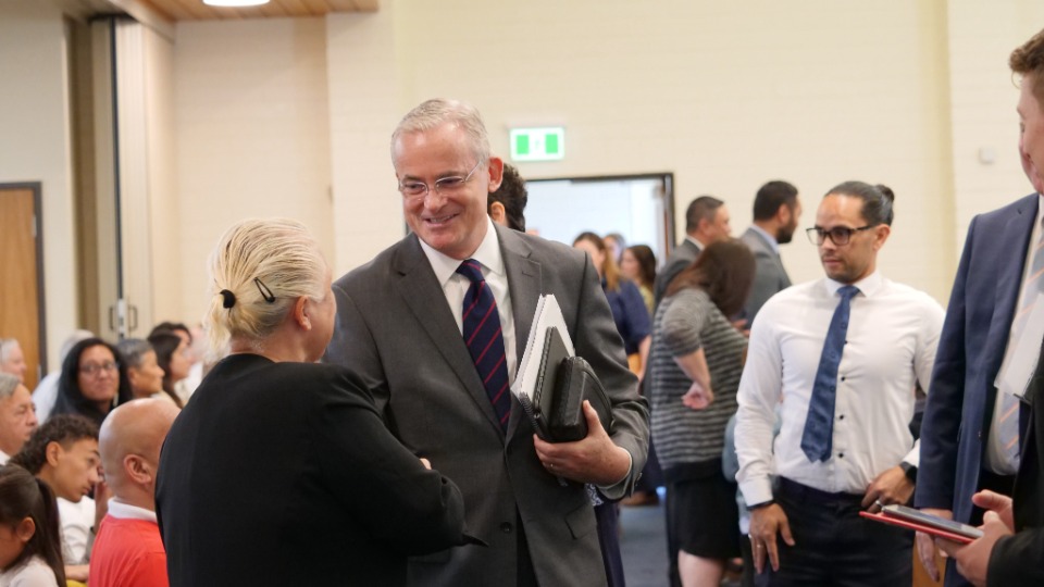 Elder-Patrick-Kearon-greets-worshippers-at-The-Church-of-Jesus-Christ-of-Latter-day-Saints'-Sunset-Road,-Auckland-meetinghouse-on-12-March-2023.