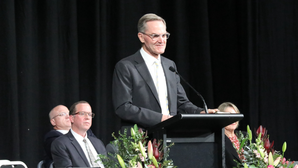 Elder-Peter-F.-Meurs-speaks-to-members-and-friends-of-the-Church-in-Hobart,-Australia.-21-May-2023.