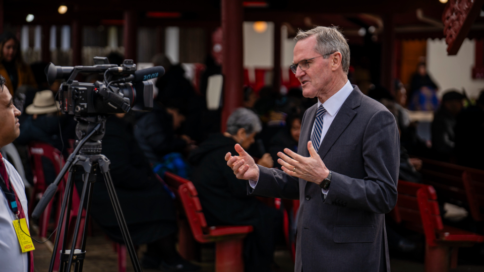 Elder-Peter-F.-Meurs-is-interviewed-after-attending-the-Coronation-anniversary-celebrations-for-His-Majesty-Te-Kingi-Te-Arikinui-Tuheitia-Paki-in-Ngaruawahia,-near-Hamilton,-New-Zealand-on-20-August.