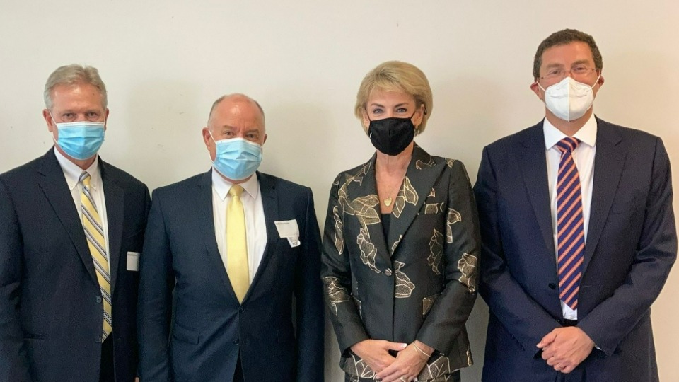 Left to right: Elder K. Brett Nattress; Professor Keith Thompson; Senator the Hon Michaelia Cash; Julian Leeser MP. 3 February 2022. Sydney, Australia.