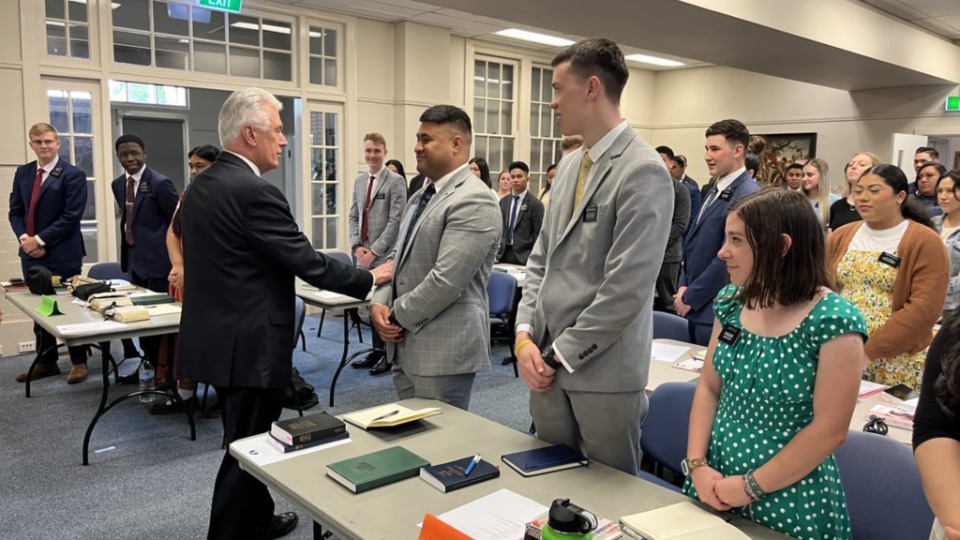 Elder Dieter F. Uchtdorf meets with missionaries from the Australia Sydney Mission of The Church of Jesus Christ of Latter-day Saints. October 2022.