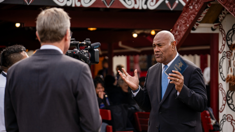 Elder-Taniela-B.-Wakolo-is-interviewed-after-Coronation-anniversary-celebrations-for-His-Majesty-Te-Kingi-Te-Arikinui-Tuheitia-Paki-in-Ngaruawahia,-near-Hamilton,-New-Zealand-on-20-August.