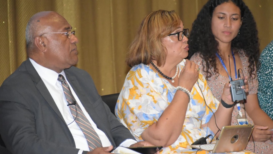 Elder Taniela B. Wakolo, a member of the Pacific Area Presidency and Sister Anita H. Wakolo lead a panel discussion for young adults in Suva, Fiji.