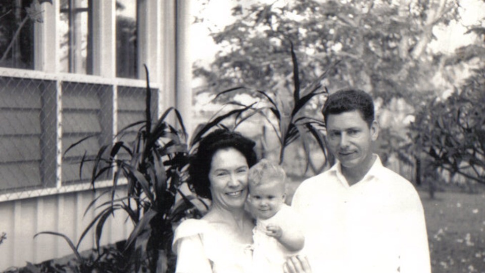 Iris and Robert Tebble with adopted daughter, Linda Tebble Moran, PNG, 1965 at Ninoa Place, Boroko, Port Moresby