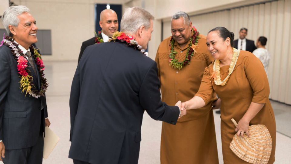 Elder-Brett-Nattress-(center)-greets-Governor-Lemanu-Mauga-and-his-wife-Ella-at-the-groundbreaking-ceremony-for-the-new-temple-in-Pago-Pago,-American-Samoa.-October-2021-