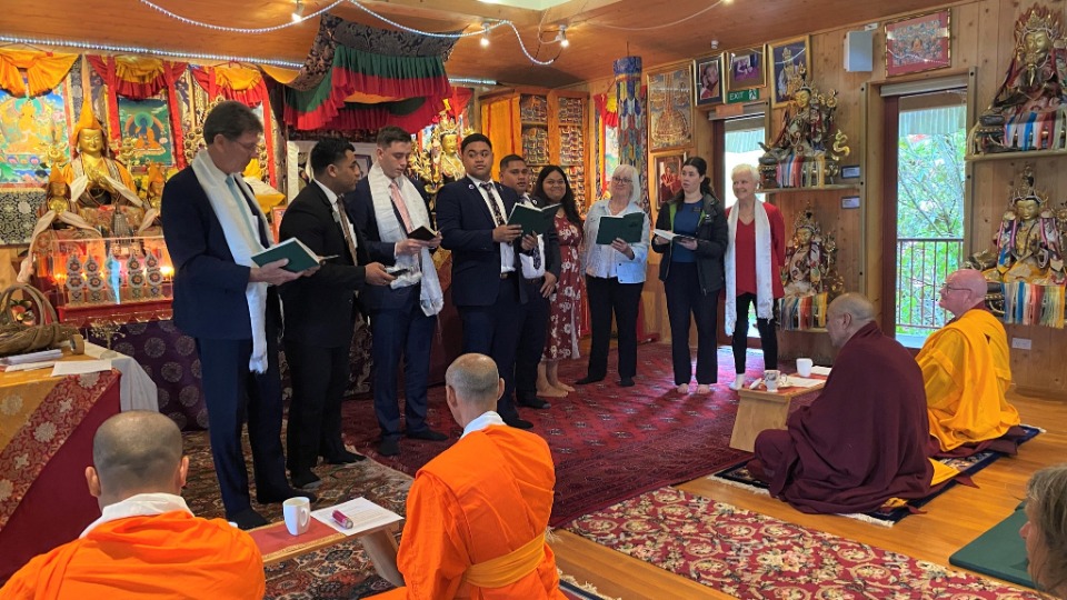 Latter-day Saints sing hymns at an interfaith event hosted by Buddhists in Nelson, New Zealand in October 2022.
