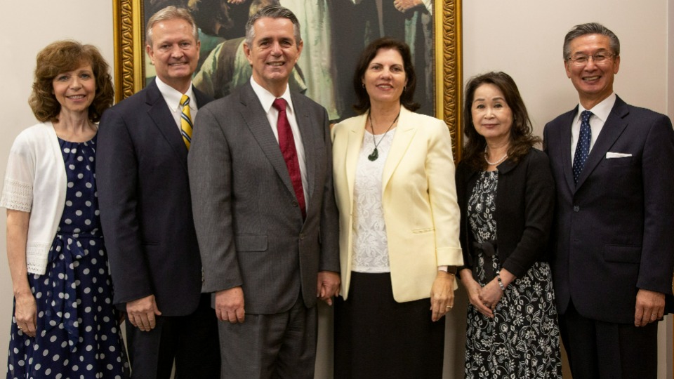 Left to right: Sister Shawna Nattress; Elder K. Brett Nattress; Elder Ian S. Ardern; Sister Paula Ardern; Sister Tazuko Yamashita; and Elder Kazuhiko Yamashita. 28 June 2022. Auckland, New Zealand. 