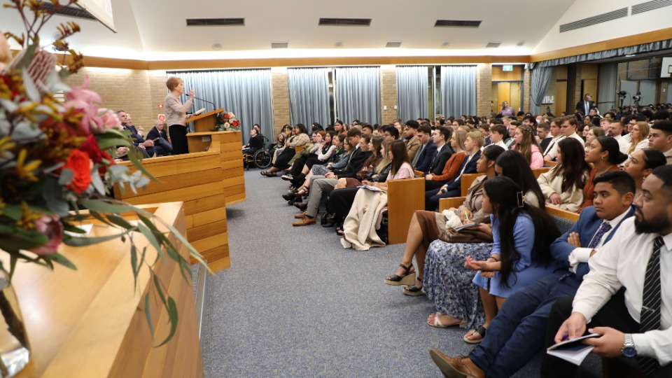 Sister-Katherine-Christofferson-speaks-at-a-devotional-in-Melbourne,-Australia.-19-May-2023.