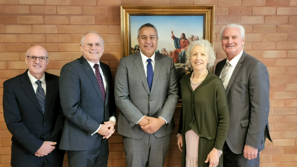 Left to right: Adam Aalders; John Biddle; Bardia Paki; Noeline Odgers; and Elder Allistair Odgers.