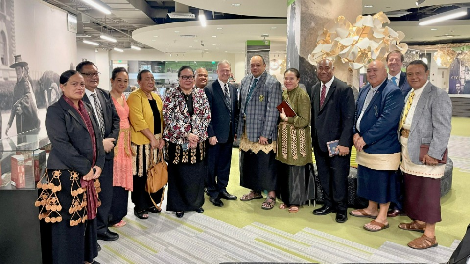 The Honourable Hu'akavameiliku, Prime Minister of Tonga, is hosted at the Family History Library in Salt Lake City, United States. 3 October 2022.