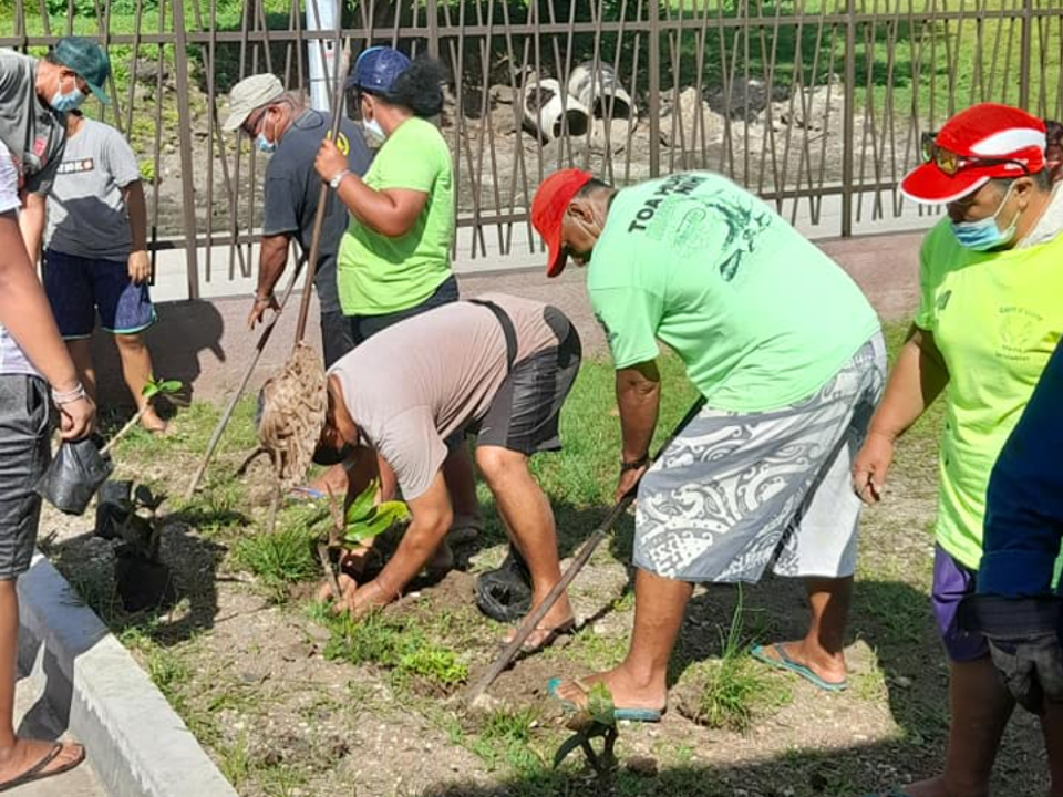 Members-from-the-island-of-Maupiti-landscape-the-new-medical-center-with-trees-and-shrubs-for-the-Come-and-Help-activity.-French-Polynesia,-February-2022