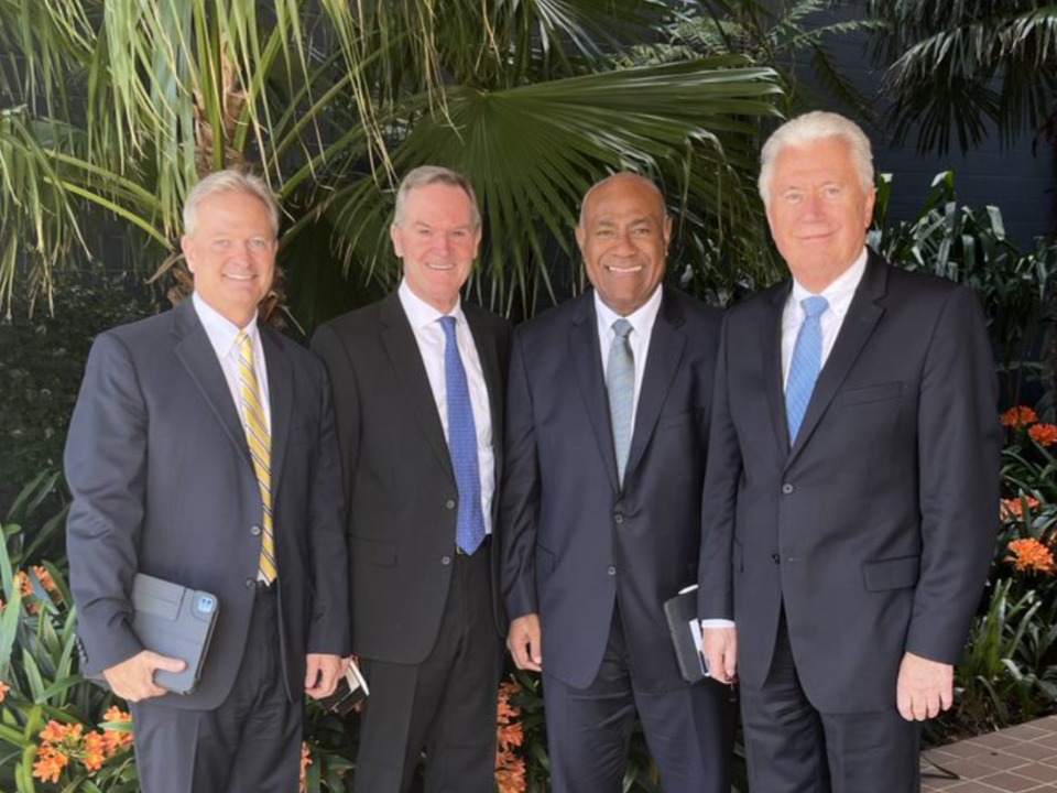 Left to right: Elder K. Brett Nattress; Elder Peter F. Meurs; Taniela B. Wakolo; and Elder Dieter F. Uchtdorf. October 2022. Auckland, New Zealand.