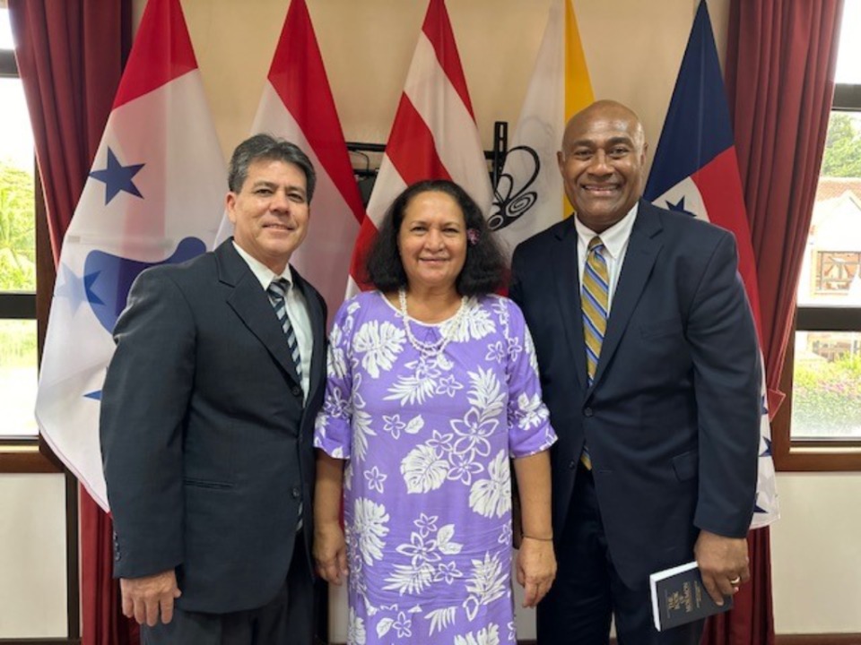 Elder Wakolo with French Polynesian Minister for Solidarity and Family, Madam Chantal Galenon. 