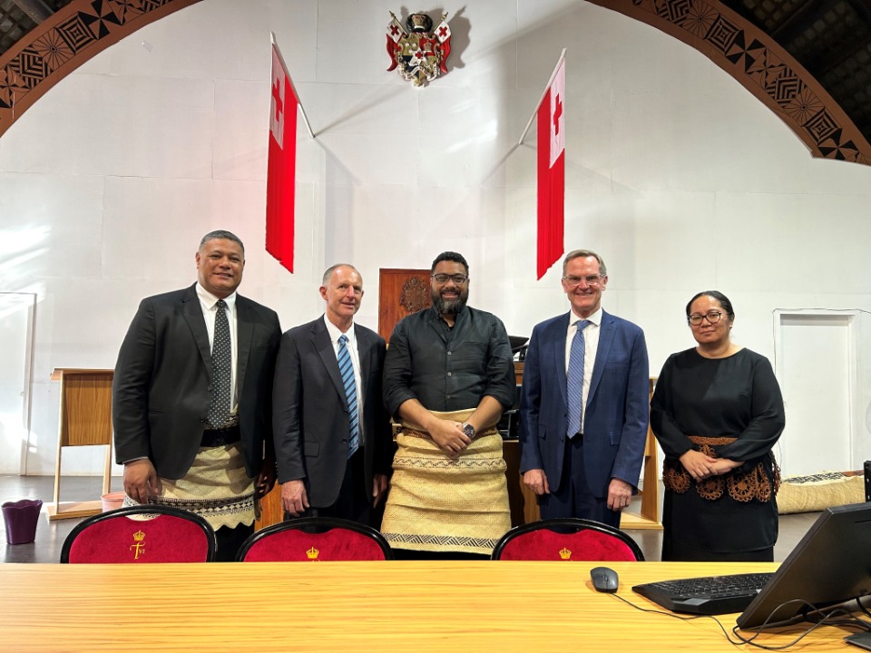 Elder Peter F. Meurs and other Church leaders meet with Lord Fakafanua, Tongan Speaker of the Legislative Assembly, on 9 June 2023.